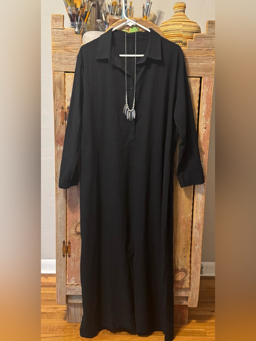 Valera Classic Linen Black Long Shirt Dress - Women's size large NWOT - Picture 5 of 13